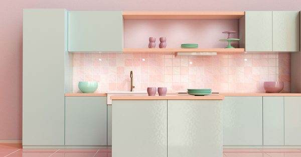یک آشپزخانه کوچک، جذاب و دوست داشتنی به رنگ پاستلی